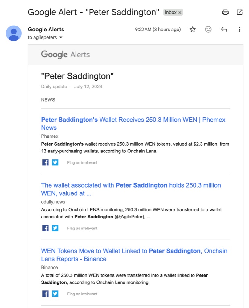 Google Alert — Peter Saddington's 250.3M WEN allocation carried by the crypto press (Phemex, odaily, Binance) within hours